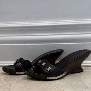 Salvatore Ferragamo Black Leather Wedge Slide Sandals with Silver Accents